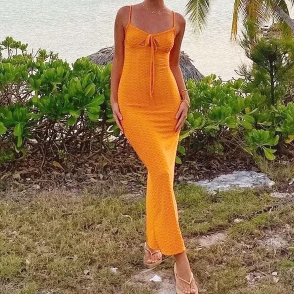 Grey Bandit Never Settle Spaghetti Strap Textured Maxi M/L Orange 51-54" - Picture 1 of 11